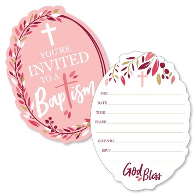Big Dot of Happiness Baptism Pink Elegant Cross - Shaped Fill-in Invitations - Girl Religious Party Invitation Cards with Envelopes - Set of 12