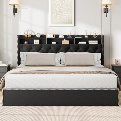 Garvee Upholstered Bed Frame with 4 Drawers, Black Velvet Platform with Tufted Headboard and Nailhead Design, No Box Spring Needed