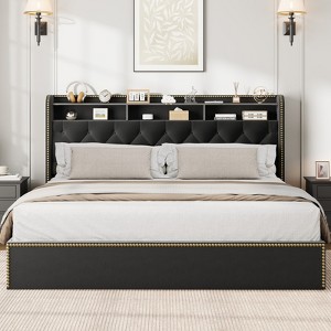 Garvee Upholstered Bed Frame with 4 Drawers, Black Velvet Platform with Tufted Headboard and Nailhead Design, No Box Spring Needed - 1 of 1
