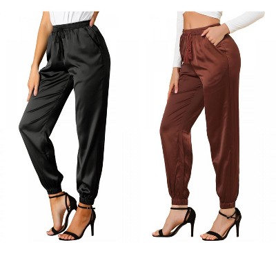 Allegra K Women's Drawstring Elastic Waist Ankle Length Satin Joggers with Pocket 2 Pcs
