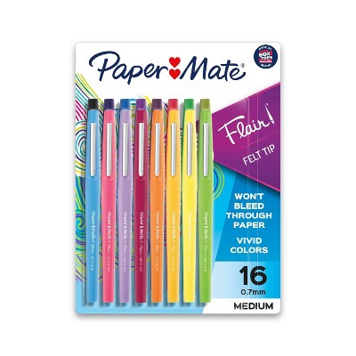 Paper Mate Flair 16pk Felt Tip Pens 0.7mm Medium Tip Multicolor: Colored Pens, Quick Drying, Fade-Resistant, Contoured Grip