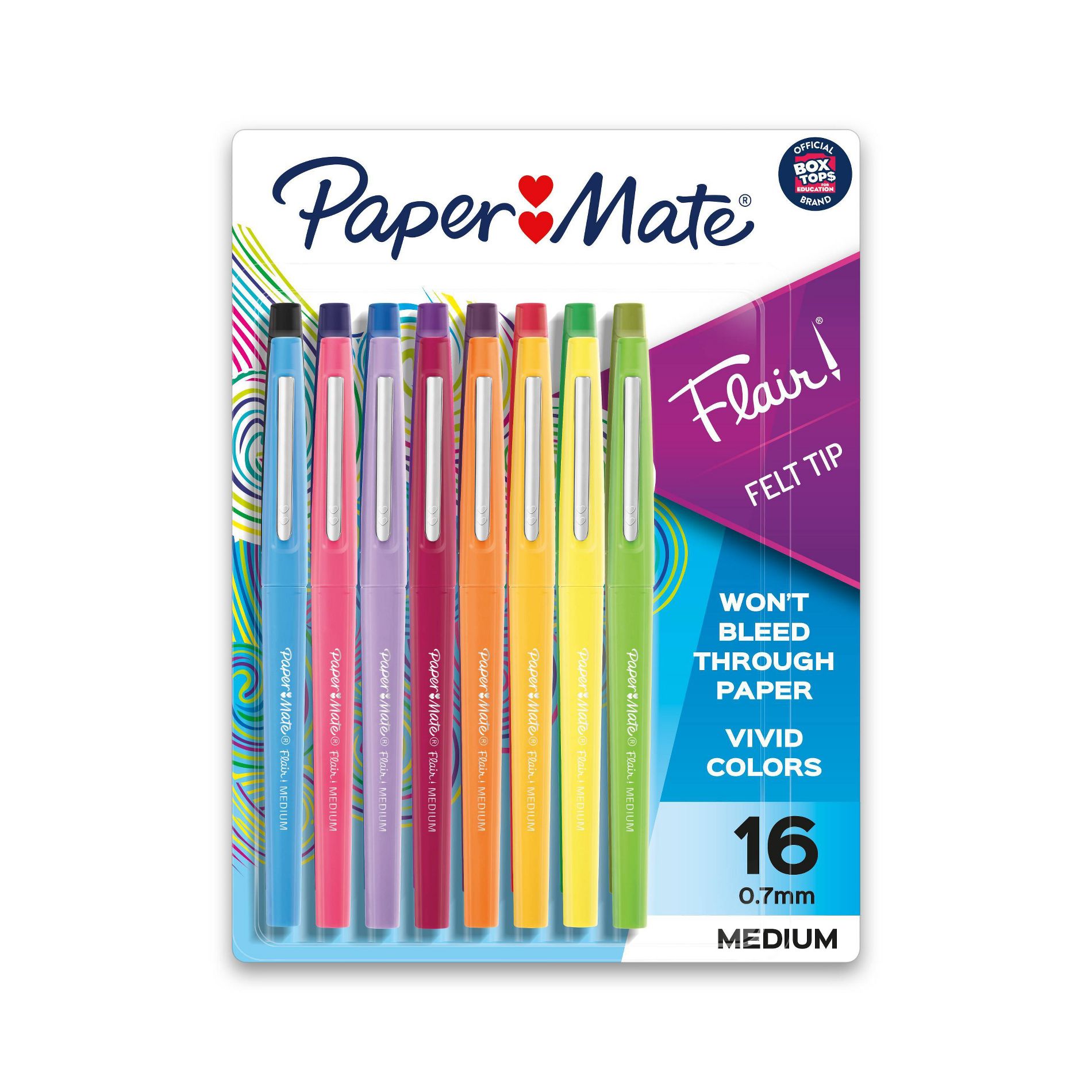Paper Mate Flair 16pk Felt Tip Pens 0.7mm Medium Tip Multicolor: Colored Pens, Quick Drying, Fade-Resistant, Contoured Grip