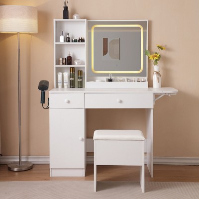 Airsurfer Vanity Desk with Lighted Mirror & Power Outlet, Makeup Table with Drawers, 3 Lighting Modes, Large Storage Cabinet, Stool, White