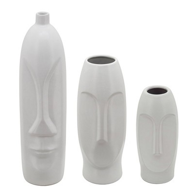 Eloise 18" White Ceramic Bouquet Vase with Abstract Face Design