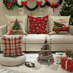 Lomsoe 4pcs Set, Christmas Tree Snowflake Truck Buffalo Plaid Pillow Covers, Red Green Cozy Pillowcases, Christmas Winter Sofa Bed Decor, No Insert - 1 of 4