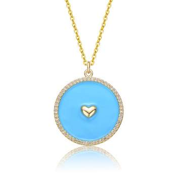 14k Yellow Gold Plated with clear Cubic Zirconia and Colored Enamel Round Pendant Necklace