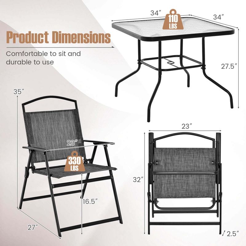 Costway Patio Dining Set for 4 Folding Chairs & Dining Table Set with Umbrella Hole, 3 of 11
