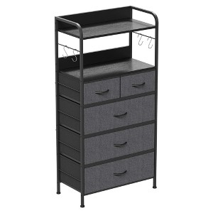 Tall Dresser for Bedroom, Vertical Dresser with 5 Fabric Drawers and 2-Tier Open Shelves, Chest of Drawers with Hanging Racks for Living Room, Small - 1 of 1