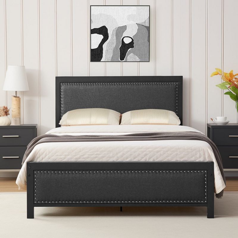 VECELO Metal Bed Frame with Linen Upholstered Headboard, Platform Bed with 12.6 in. Under Bed Storage and Nailhead, 3 of 6