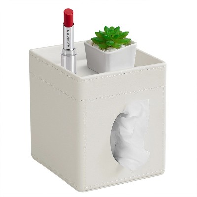 LunaLulinlk Tissue Box Cover, PU Leather Square Tissue Box Holder with Storage Tray Stylish Tissue Holder Decorative Organizer (White)