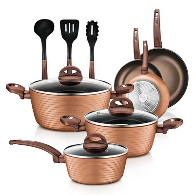 NutriChef 12 Piece Kitchenware Pots & Pans Set - Heat Resistant Lacquer Outside (Brown)