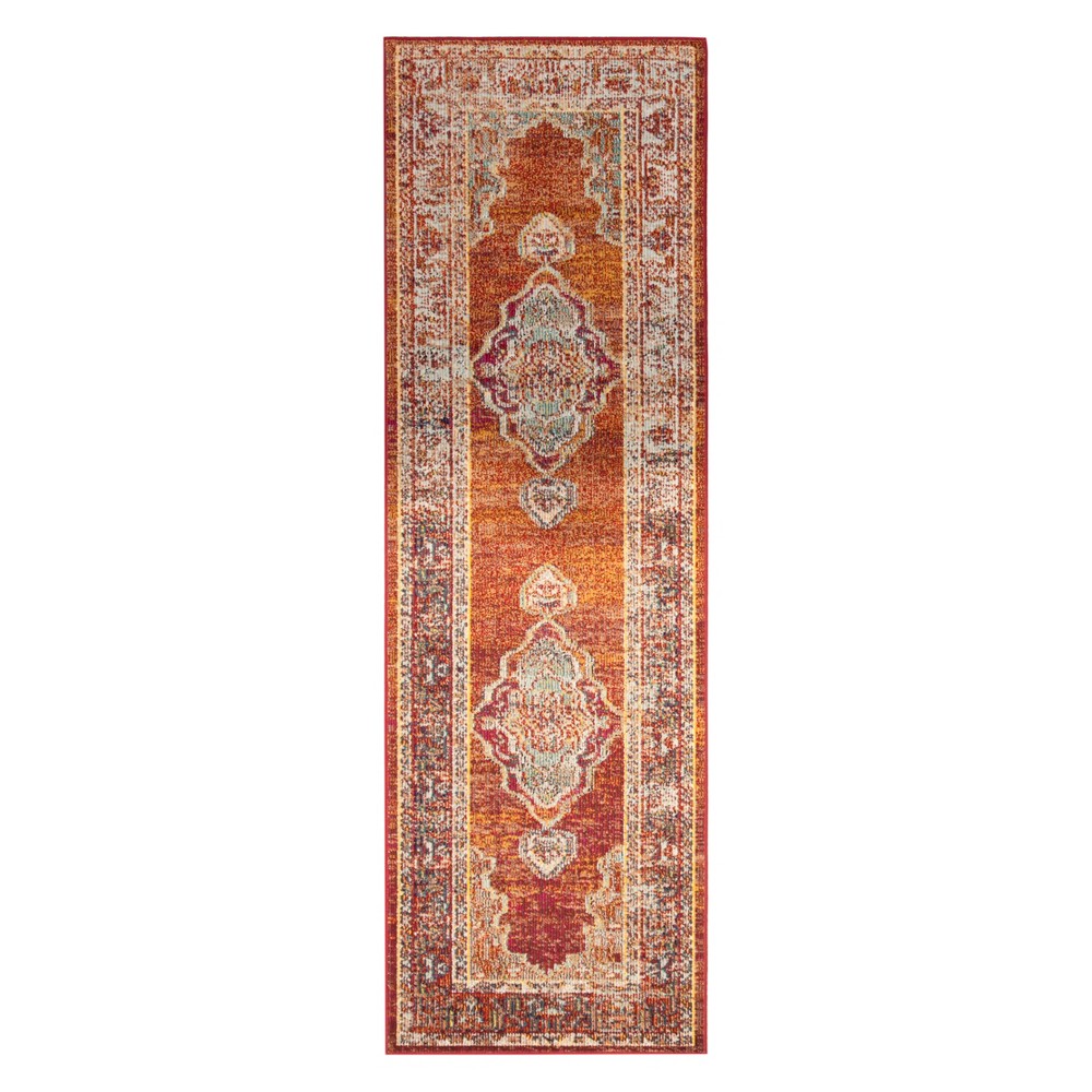 2'2inx7' Runner Medallion Loomed Orange/Light Blue - Safavieh