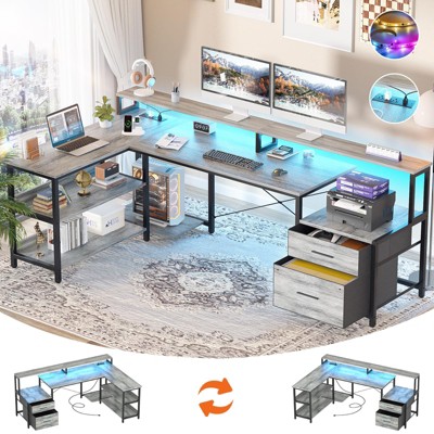 Aheaplus L-Shaped Computer Desk with Drawers and Monitor Shelf