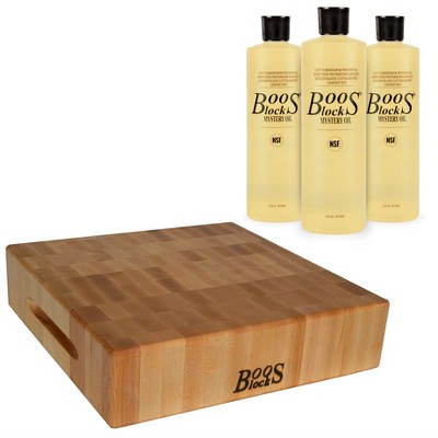 John Boos Classic Collection 18 x 18 Inch Maple Wood Chopping Block Bundle with Mystery Oil Butcher Block Board Maintenance Oil, 16 Ounce 3 Pack