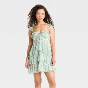 Women's Knit Chiffon Tiered Ruffle Sleeve Mini A-Line Dress - Wild Fable™ - 1 of 3