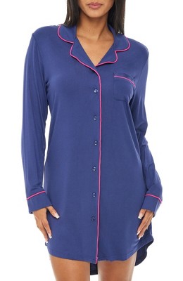 Sleep Shirts for Women, Long Sleeve Button Down Sleepwear Boyfriend  Nightshirt Notch Collar Pajama Dress, Blue