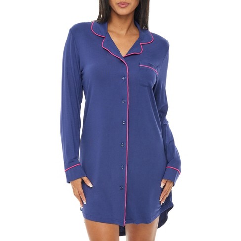 Oversized Button Down Shirts for Women, Long Sleeve Notch Collar Nightwear  Top Boyfriend Sleep Shirts Nightdress, Blue