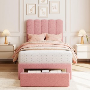 2 Sets Twin Bed Frame with Under-Bed Drawer, Upholstered Platform Bed with Wave Headboard, Wooden Slats Support, No Box Spring Needed, Boucle Pink - 1 of 4