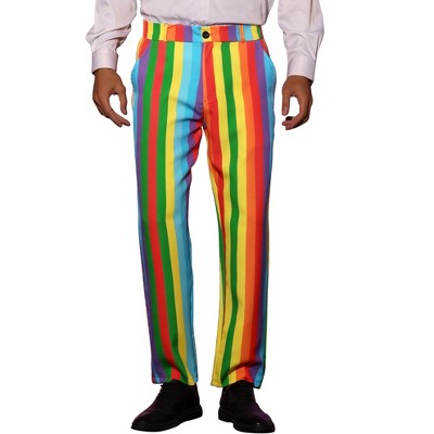 Lars Amadeus Men's Regular Fit Flat Front Color Block Rainbow Striped Trousers