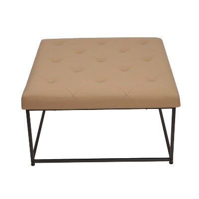 Light Brown Faux Leather Square Tufted Ottoman with Iron Frame