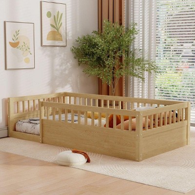 Streamdale Twin Floor Bed Frame with Fence, Wood Kids Floor Beds Frame for Bedroom Playroom,Natural