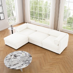 DOMETOUR White Chenille L-Shaped 3-Seater Sofa with Storage Ottoman, Cylindrical Backrest & Armrests, Contemporary Fabric Couch - 1 of 4