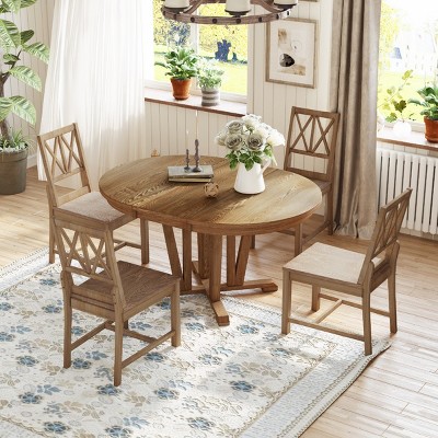 5 PCS Dining Set, Round Extendable Wood Table with Trestle Base and 4 Cross-Back Chairs, Solid Rubberwood Frame Chairs-Coolbibila