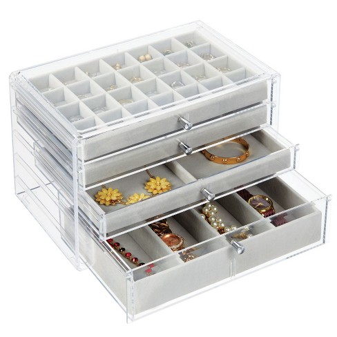 mDesign Plastic Jewelry Box, 4 Removable Storage Organizer Trays -  Clear/Gray