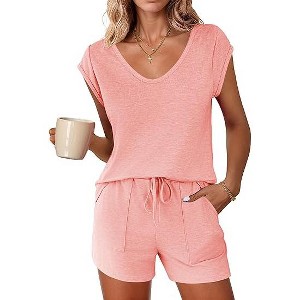 Ekouaer Womens Pajama Sets 2 Piece Lounge Sets Comfy Short Sleeve Tops and Shorts Cute Pjs Outfits Set - 1 of 4