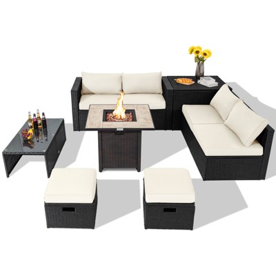 Tangkula 9 Pieces Outdoor PE Rattan Wicker Sectional Sofa with 42" Gas Fire Pit Table Space-Saving Patio Conversation Set with Storage Box Black/Grey/Navy/Red/Turquoise/Off White