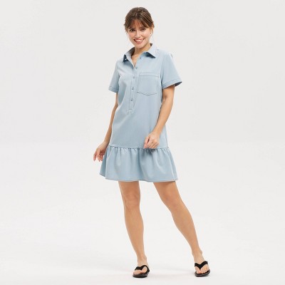 Женские платья Universal Thread Women's Short Sleeve Ruffle Hem Mini Shirtdress - Universal Thread™ Blue S — фото 3