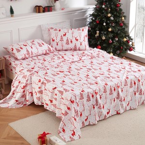Christmas Sheets Queen, Soft Brushed Microfiber Bed Sheet Set, 16 Inches Deep Pocket Fitted Sheet Winter Holiday Sheets Set 4 PCS, Red Forest, Queen - 1 of 4