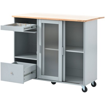NicBex 2 Drawer Rolling Kitchen Island Cart with Drop Leaf,Kitchen Island on Wheels with LED Light and Glass Doors,Island Table for Kitchen