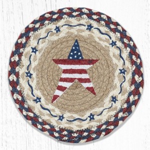 Earth Rugs Round Trivet – 10"x10" Primitive American Star Printed Braided Jute Mat in Patriotic Country Folk Style - 1 of 3