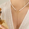 HTUTWOO Charm Double Hoop Necklace-Freshwater Pearl & Titanium Steel Collarbone Chain-Trendy Luxe Adjustable Jewelry for Women, Girlfriend,Mom - 2 of 4