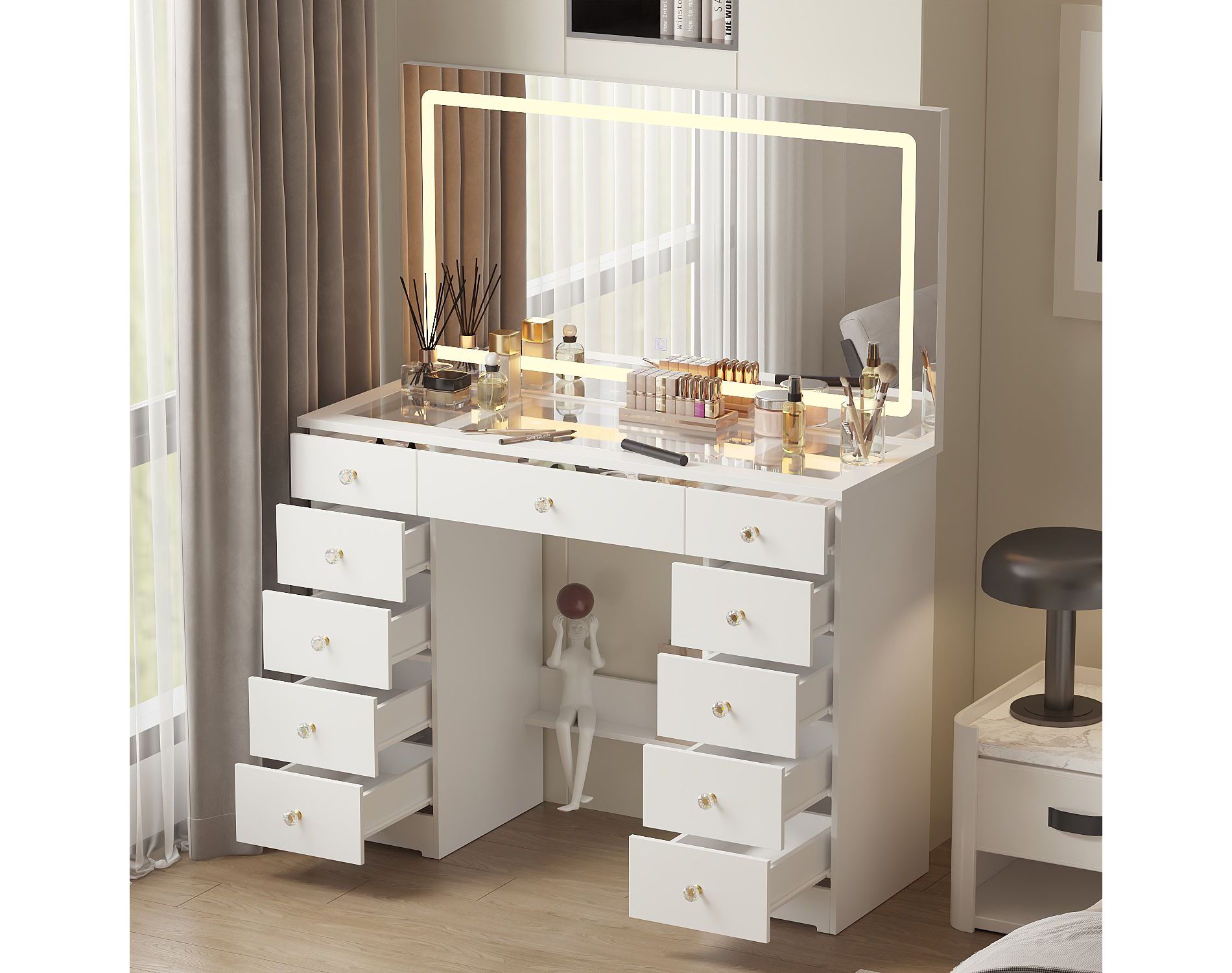 Famapy Stylish White Vanity: Large Mirror, Touch - Screen Lighting, and Ample Storage