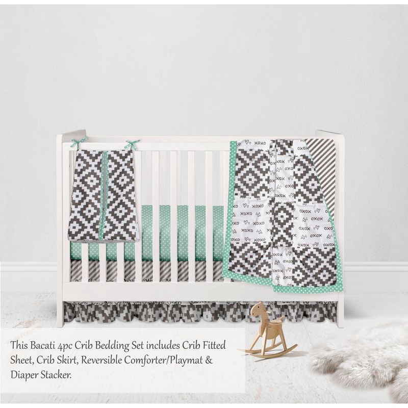 Bacati - Love Aztec Design/Print Gray Mint 4 pc Crib Bedding Set with Diaper Caddy, 3 of 9