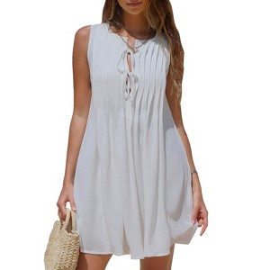 EXLURA Women's Summer Spring Pleated Tie Front Mini Dress Casual Beach Sundress 2025 Vacation Bow Sleeveless Loose Dresses - 1 of 4
