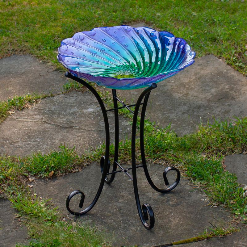 Northlight 18” Purple and Green Swirled Hand Painted Glass Outdoor Birdbath, 2 of 5