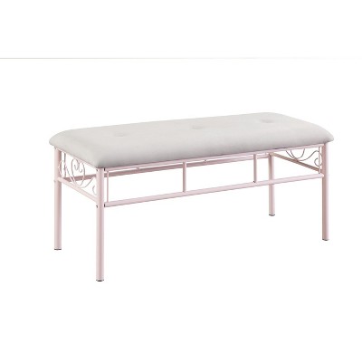 Simple Relax Fabric Upholstered Bench with Tufted Design in White and Powder Pink