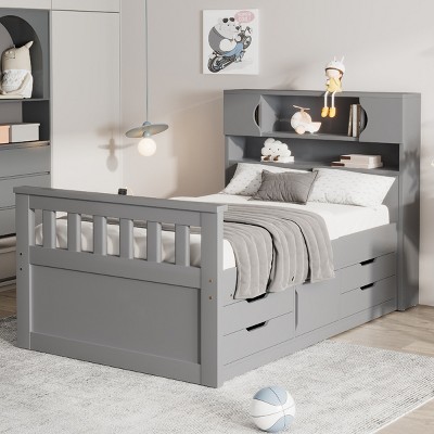 Platform Bed, Bed with Bookcase Headboard and Reversible Shelves, Storage Bed with 4 Storage Drawers, Wooden Frame Bed-Baofuwish