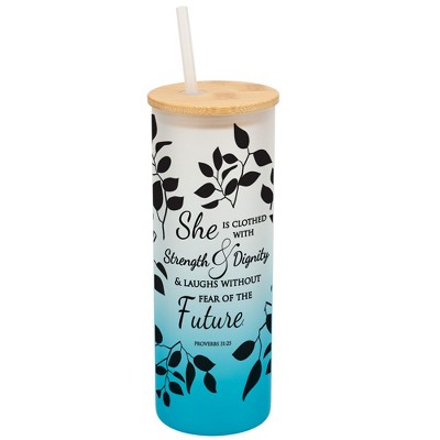 Elanze Designs Clothed Strength & Dignity Proverbs 35 Wrap-Around Design 25 Ounce Frosted Gradient Glass On-The-Go Coffee Travel Skinny Tumbler Mug