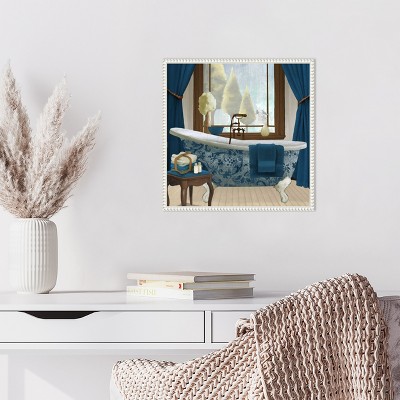 Blue and White French Provincial Canvas Bath Print with Beaded Frame