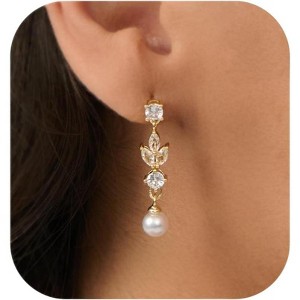 Pearl Earrings: 14k Gold-plated Cubic Zirconia Accented Pearl Drop Dangle Wedding Engagement Earrings For Women Bridal Bridesmaid - 1 of 4