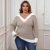Coolmee Women's Plus Size Sweaters Fall Long Sleeve Lapel Clashing Color V Neck Sweater Cable Knit Pullover Casual Soft Jumper Top - 3 of 4