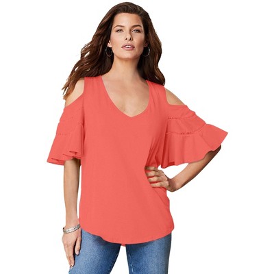 Roaman's Women's Plus Size Ruffle-Sleeve Top With Cold Shoulder Detail