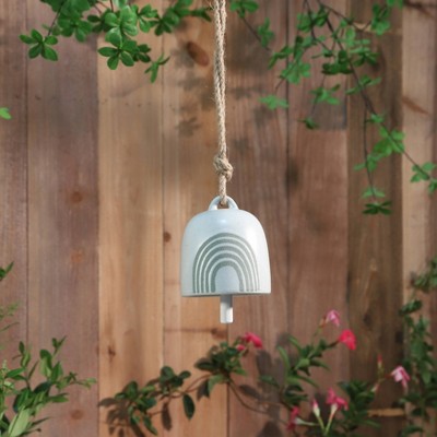 4" White and Green Ceramic Hanging Bell with Rainbow Design