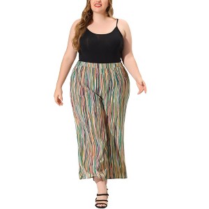 Agnes Orinda Women's Plus Size Boho Palazzo Elastic Waist Stripe Wide Leg Lounge Pants with Pocket - 1 of 4