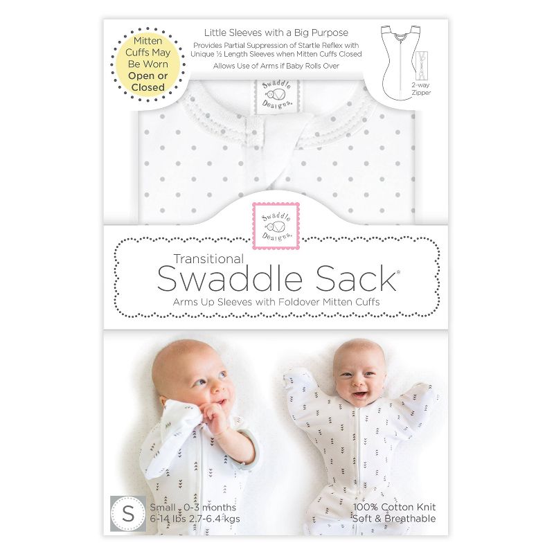 SwaddleDesigns Transitional Swaddle Sack Wearable Blanket - Sterling Polka Dots on White, 5 of 11