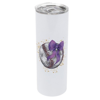 Elanze Designs 20 Ounce Stainless Steel On the Go Travel Tumbler With Push Top Lid, Baseball With Purple Bow